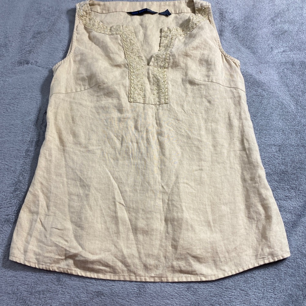 Saint Tropez West Tank Size S Beige 100% Linen Embroidered Beaded Split Neck Top